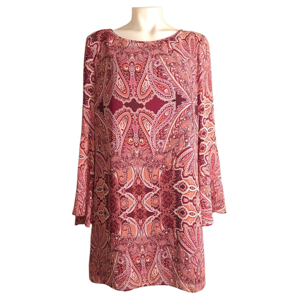 Belle & Sky Women's Tunic‎ Midi Dress L Pink/Burgundy Long Bell Sleeves Artsy